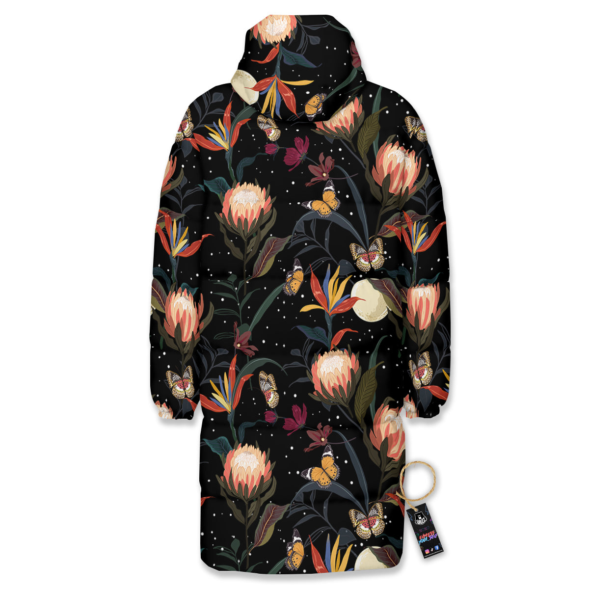 Protea Watercolor Print Pattern Long Down Jacket-grizzshop