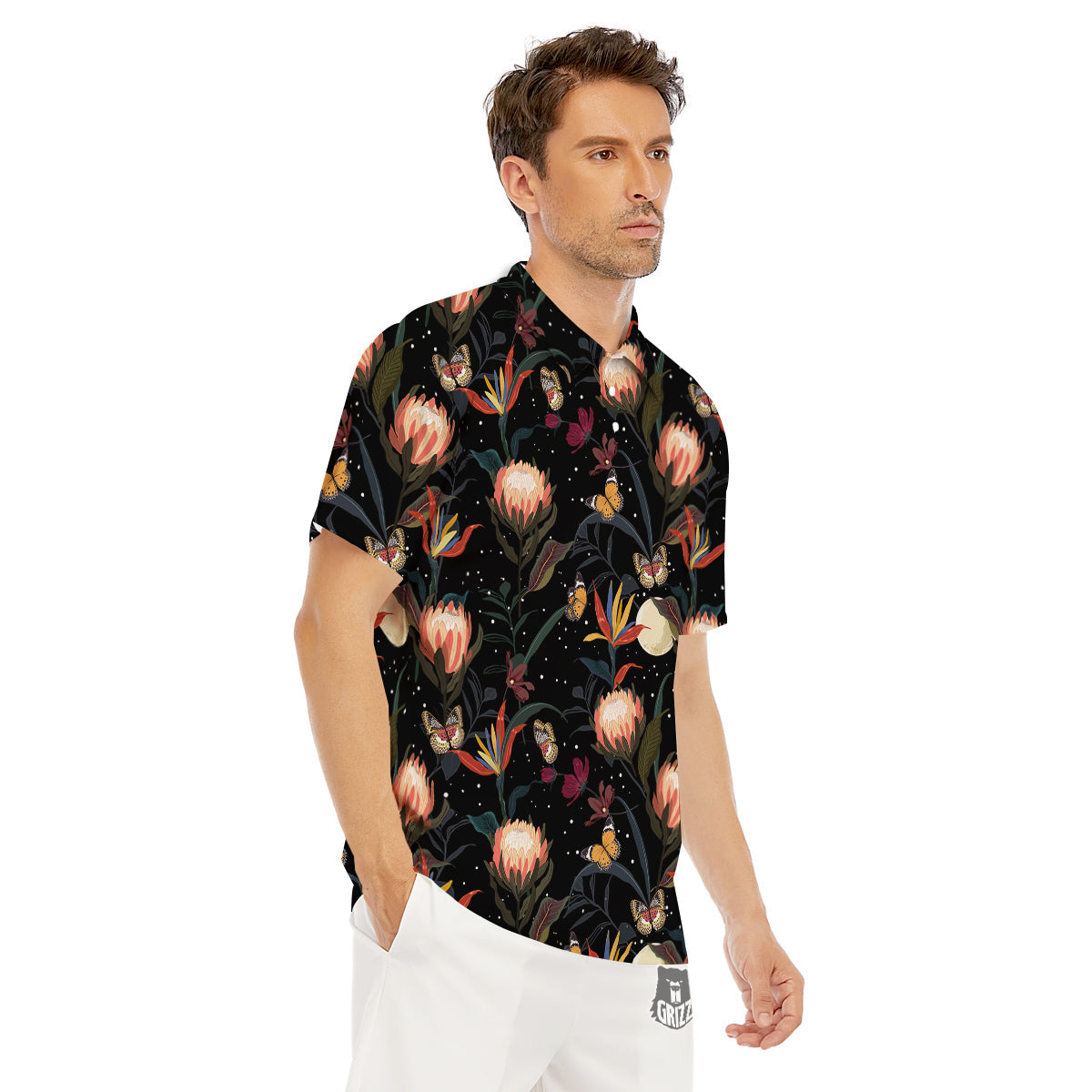 Protea Watercolor Print Pattern Men's Golf Shirts-grizzshop