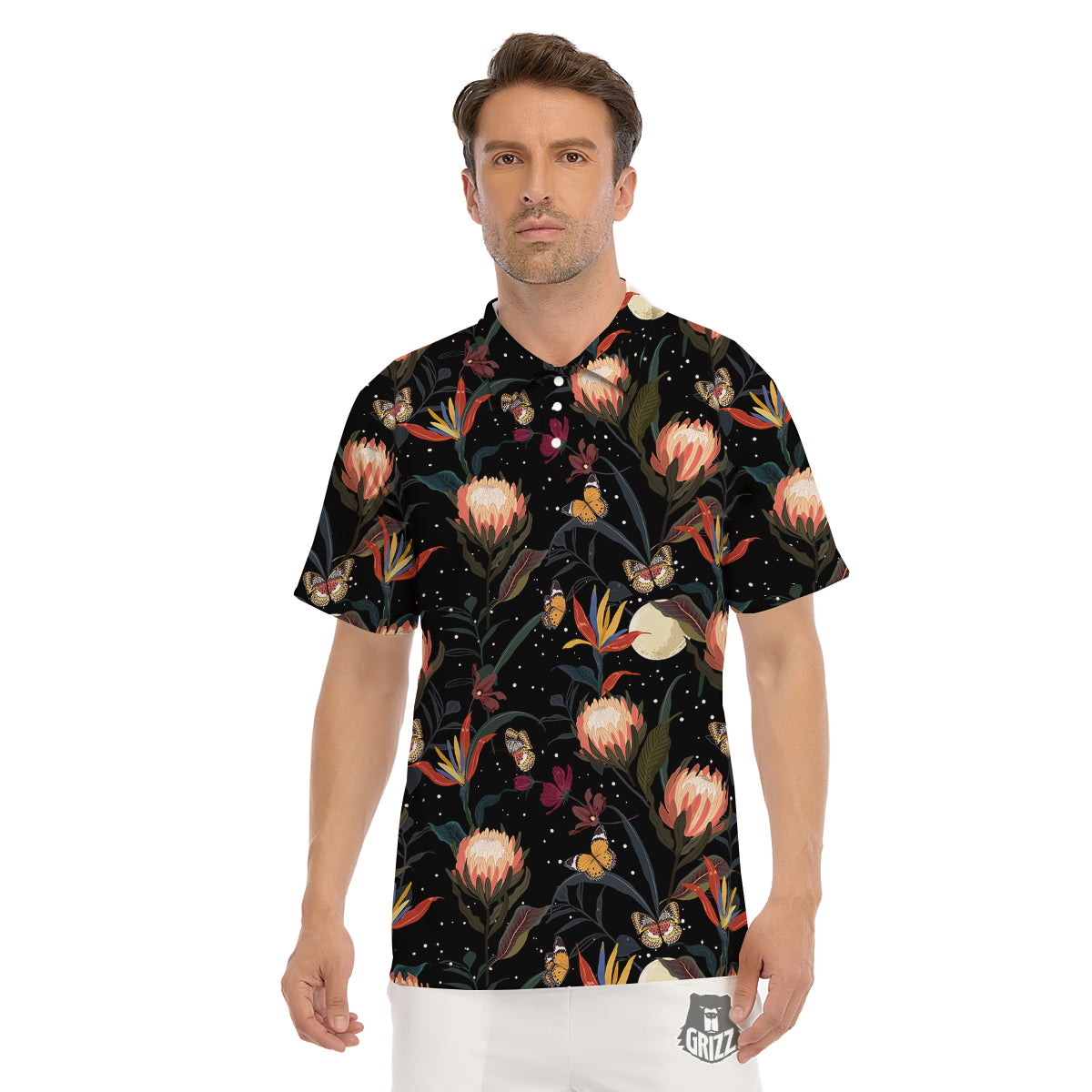 Protea Watercolor Print Pattern Men's Golf Shirts-grizzshop