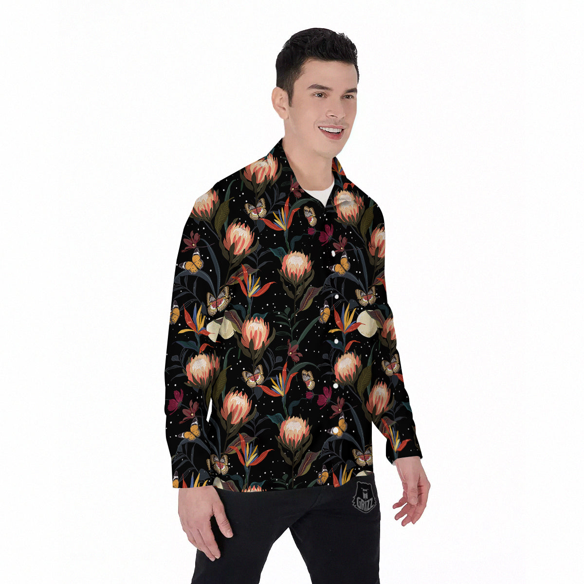 Protea Watercolor Print Pattern Men's Long Sleeve Shirts-grizzshop