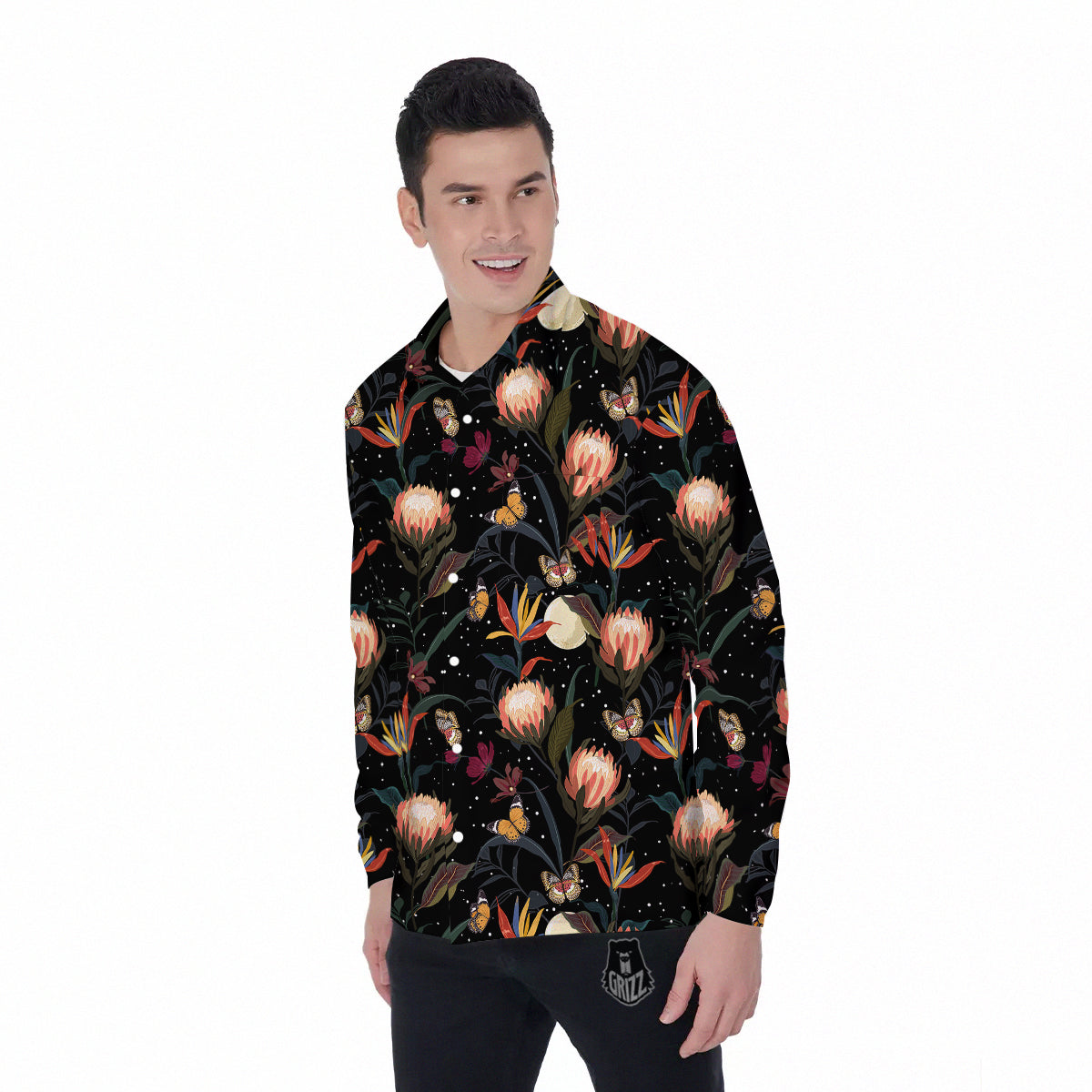 Protea Watercolor Print Pattern Men's Long Sleeve Shirts-grizzshop