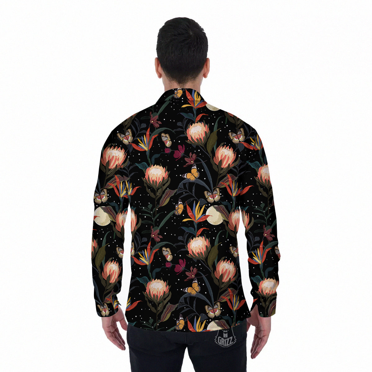 Protea Watercolor Print Pattern Men's Long Sleeve Shirts-grizzshop