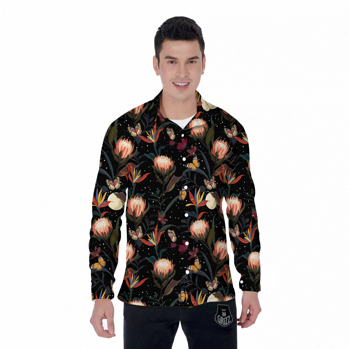 Protea Watercolor Print Pattern Men's Long Sleeve Shirts-grizzshop