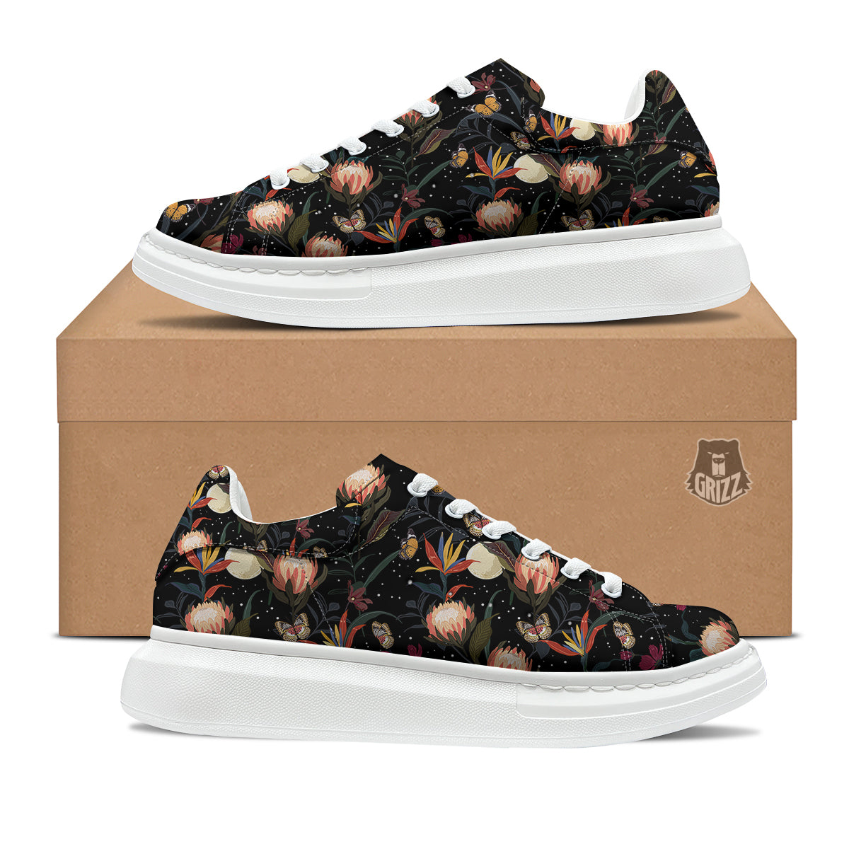 Protea Watercolor Print Pattern Platform Shoes-grizzshop