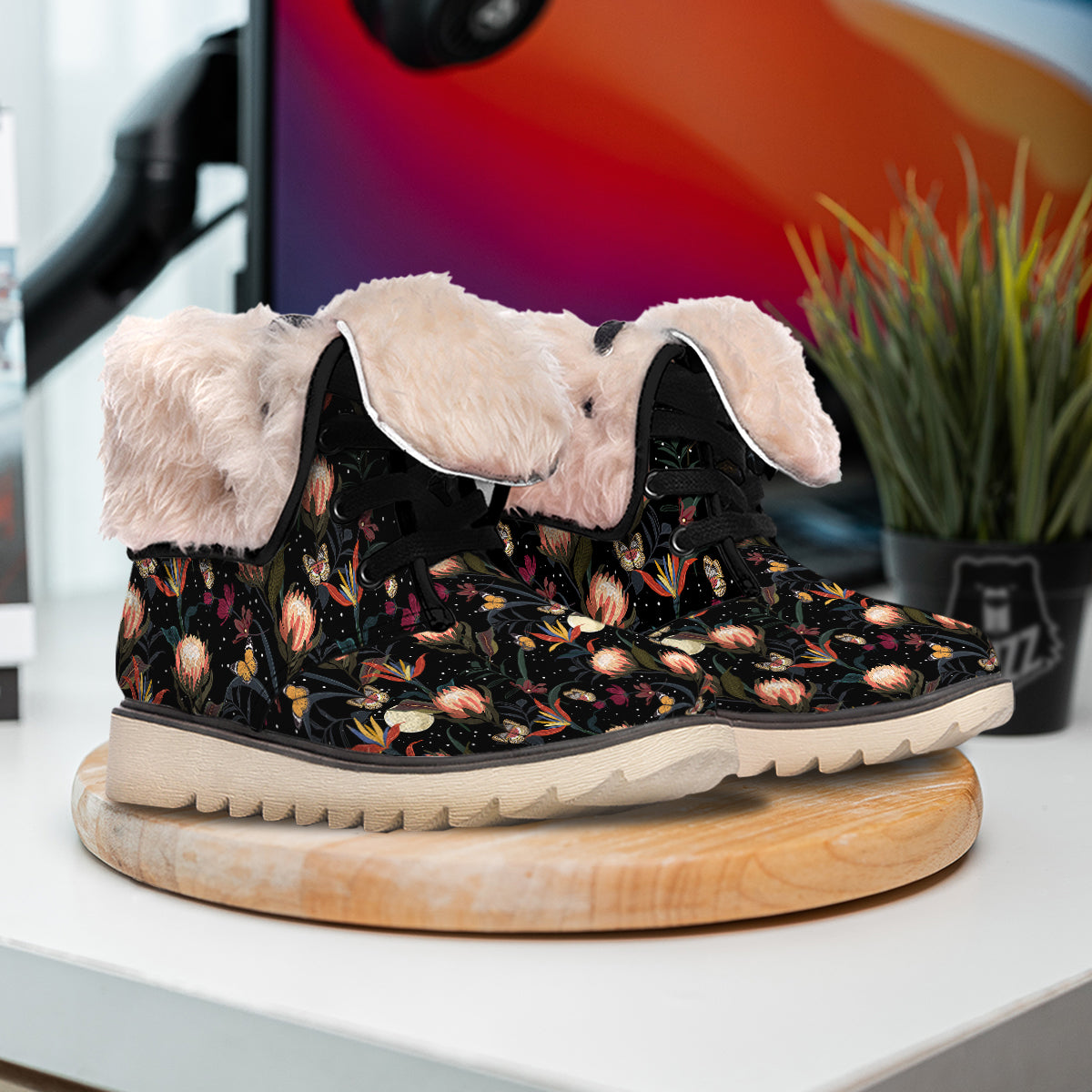 Protea Watercolor Print Pattern Snow Boots-grizzshop