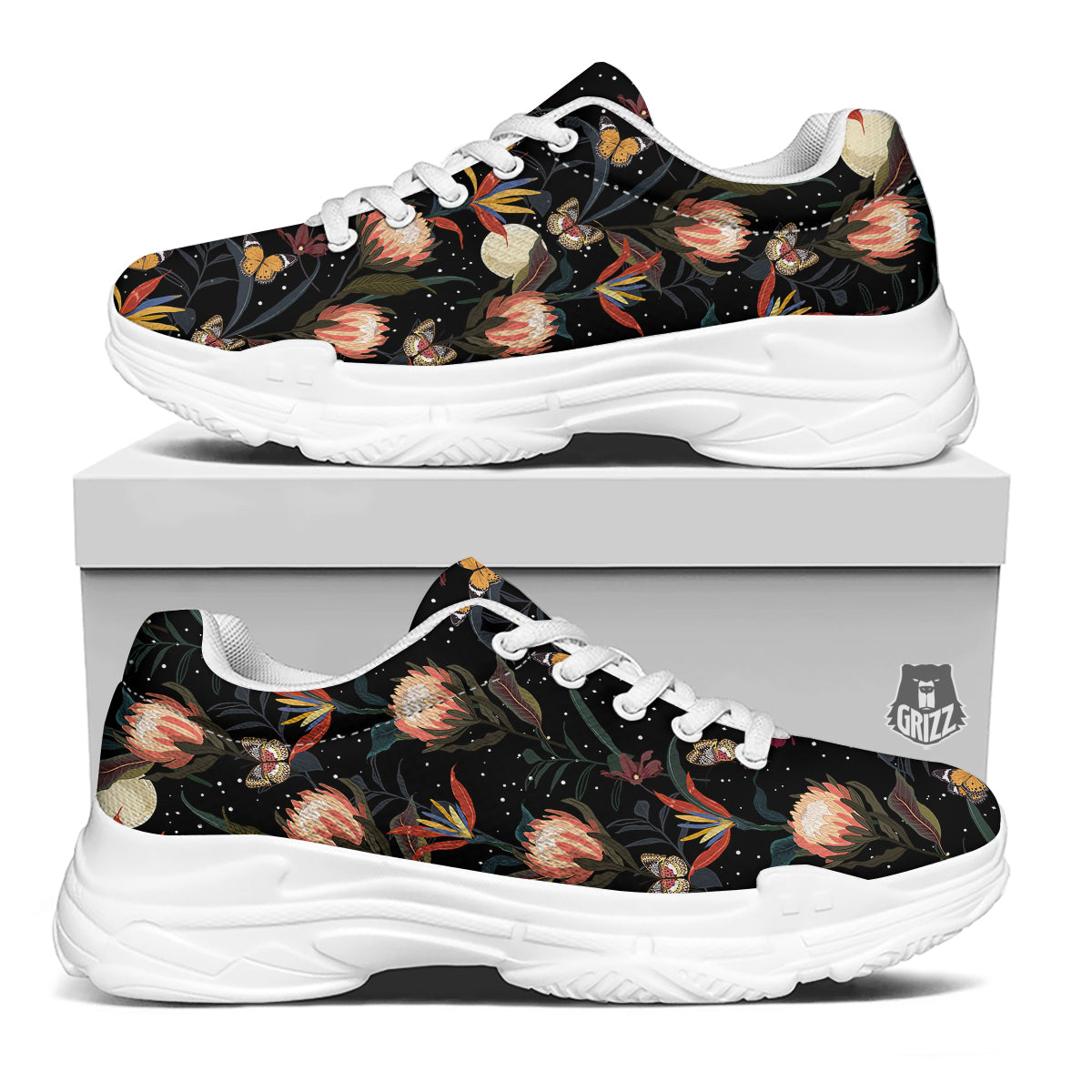 Protea Watercolor Print Pattern White Chunky Shoes-grizzshop