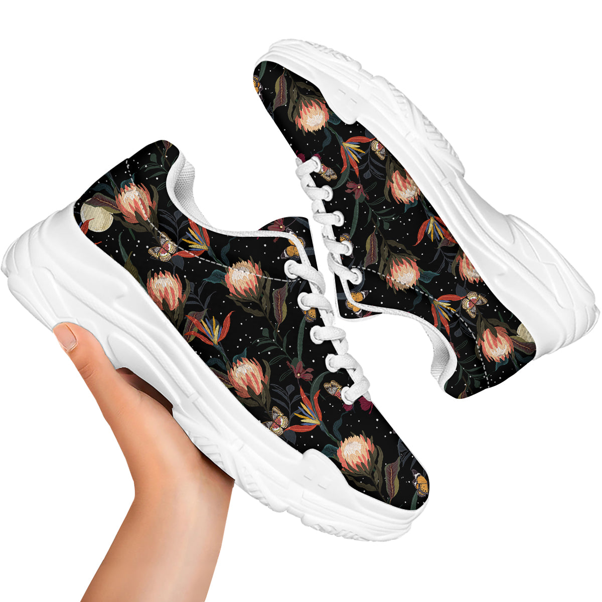 Protea Watercolor Print Pattern White Chunky Shoes-grizzshop