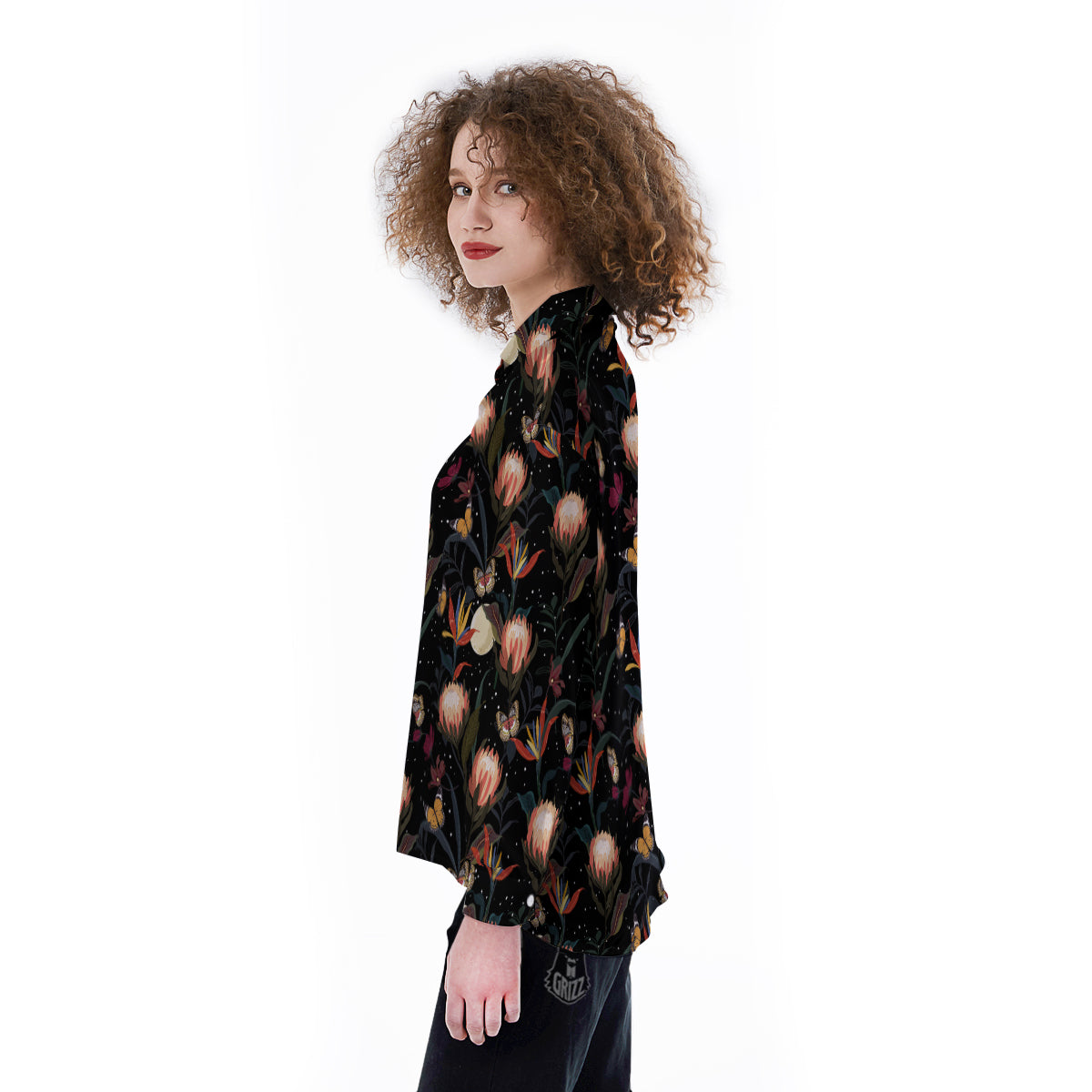 Protea Watercolor Print Pattern Women's Long Sleeve Shirts-grizzshop