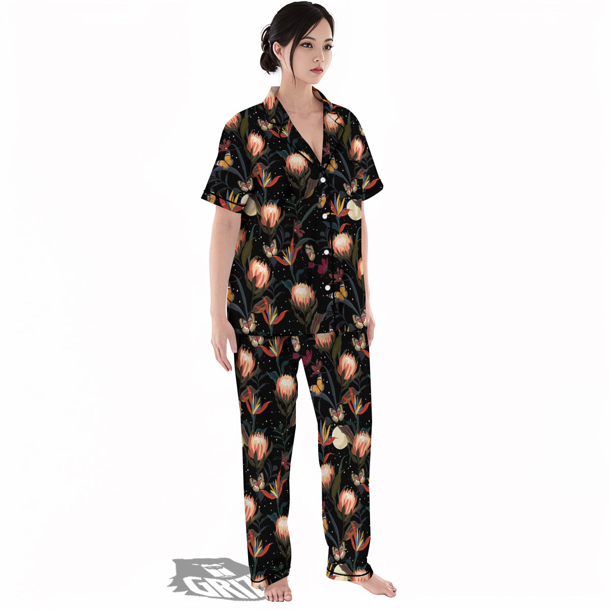 Protea Watercolor Print Pattern Women's Pajamas Set-grizzshop
