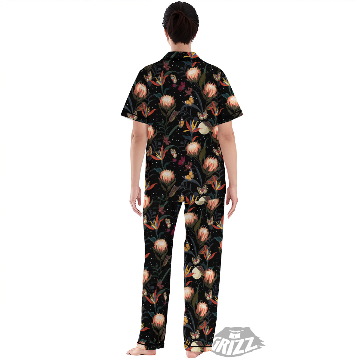 Protea Watercolor Print Pattern Women's Pajamas Set-grizzshop