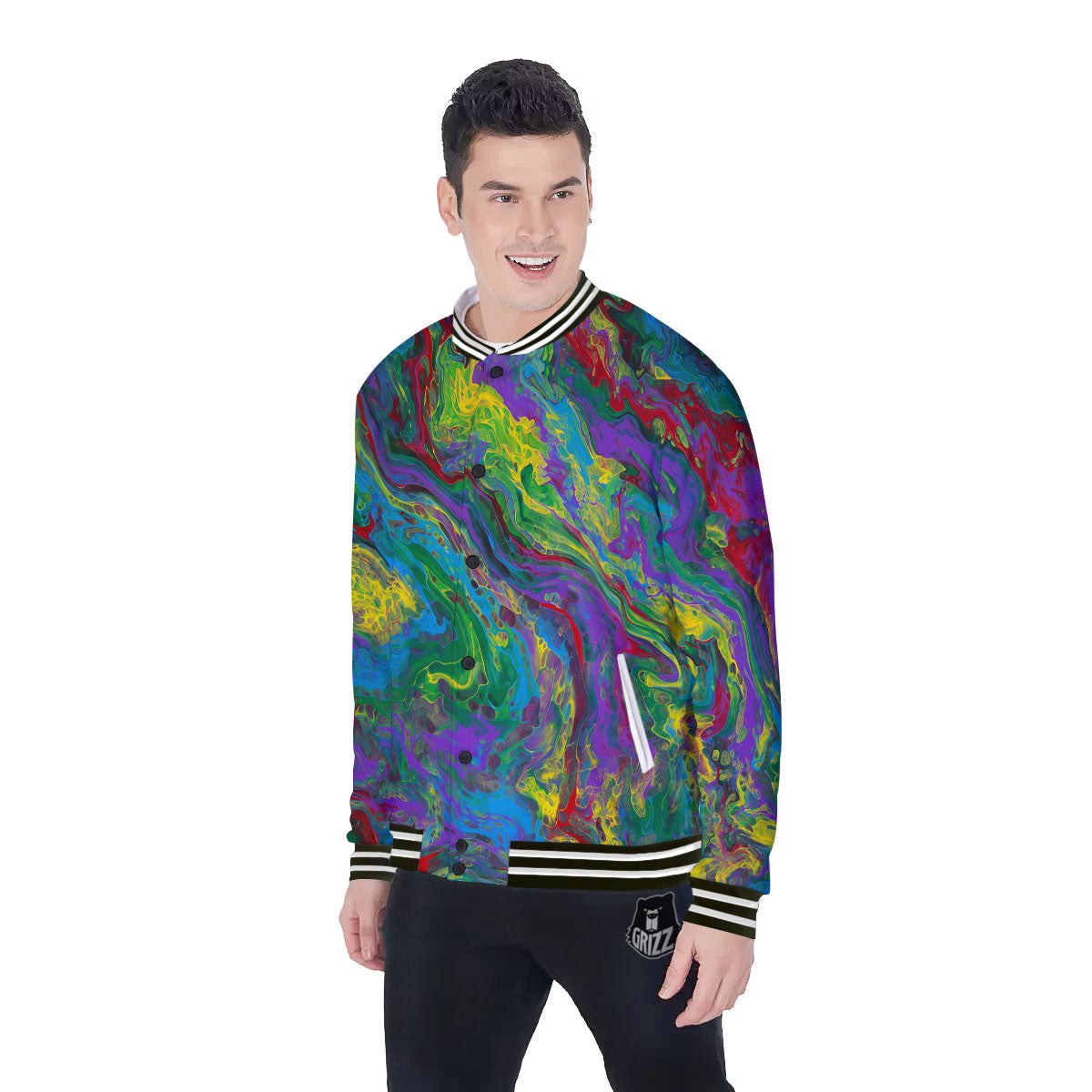 Psychedelic Abstract Print Baseball Jacket-grizzshop