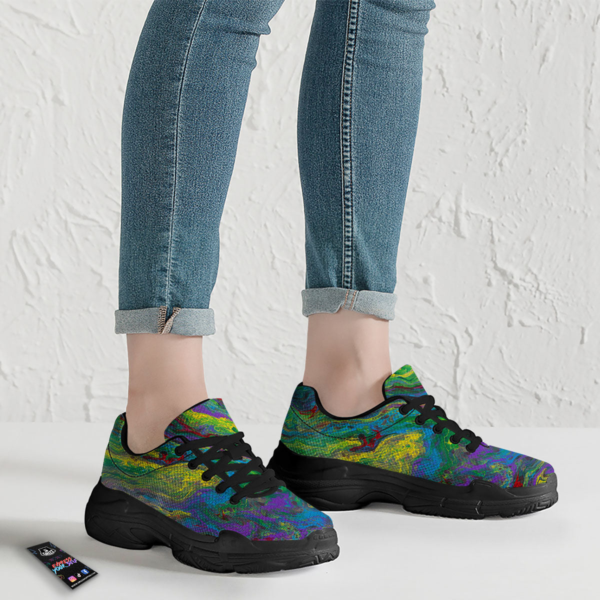 Psychedelic Abstract Print Black Chunky Shoes-grizzshop