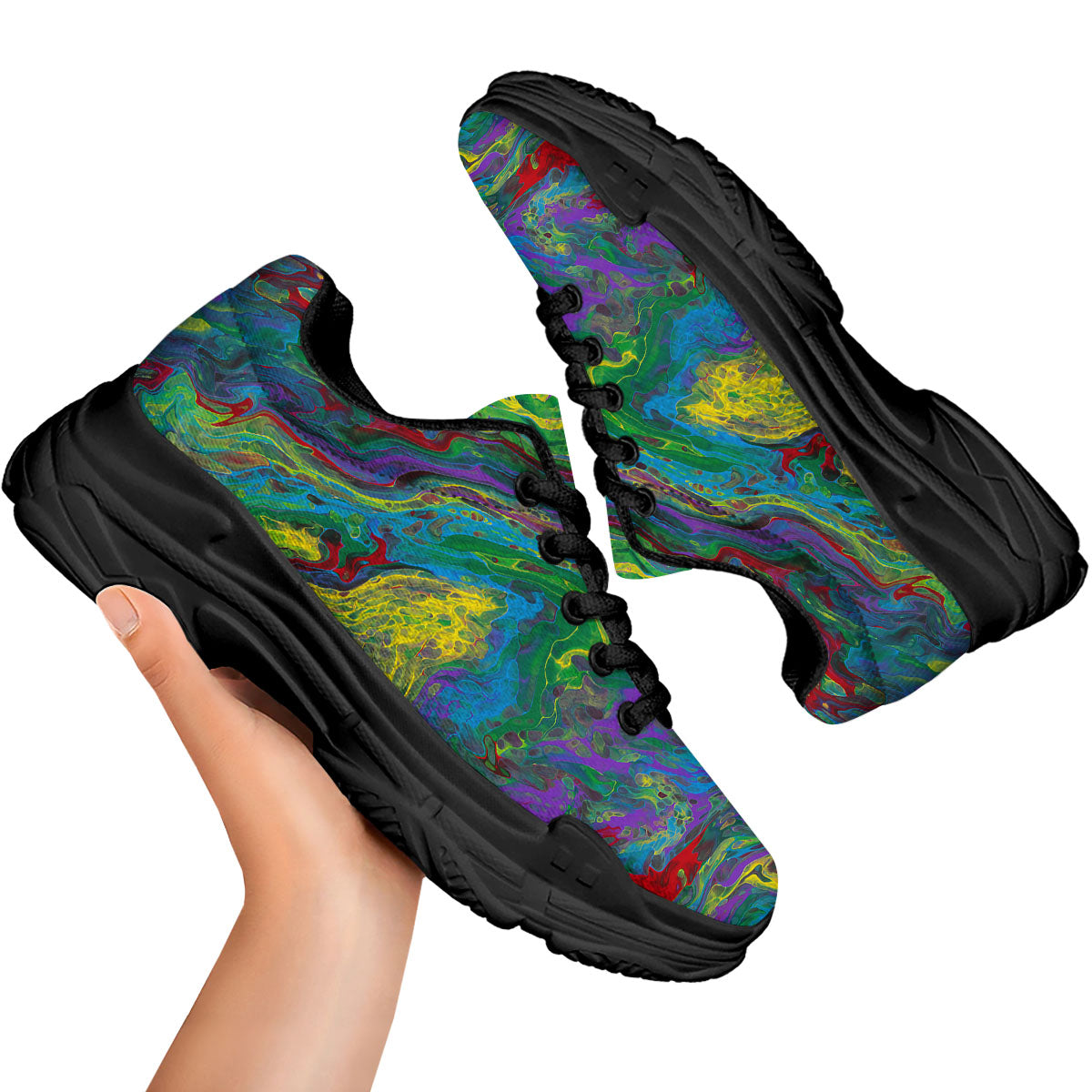 Psychedelic Abstract Print Black Chunky Shoes-grizzshop