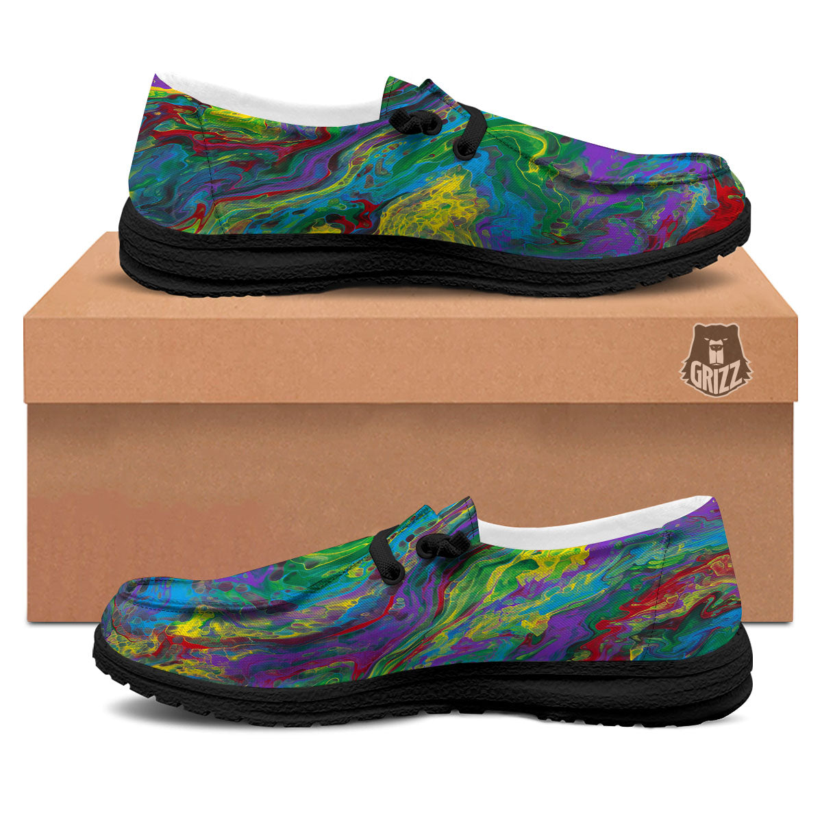 Psychedelic Abstract Print Black Loafers-grizzshop