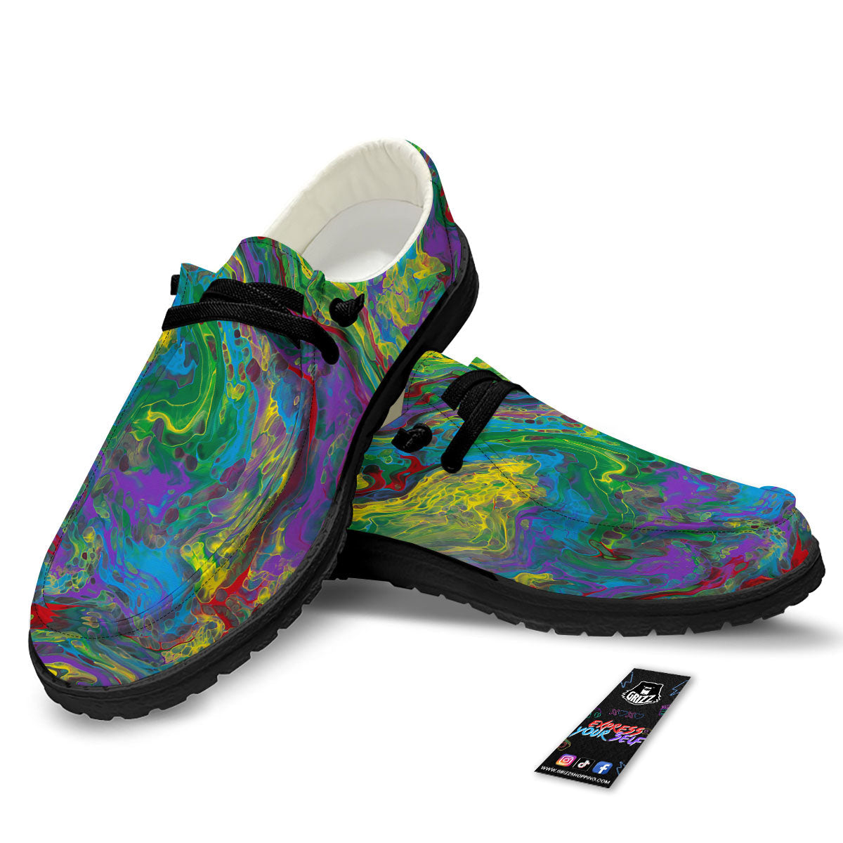 Psychedelic Abstract Print Black Loafers-grizzshop
