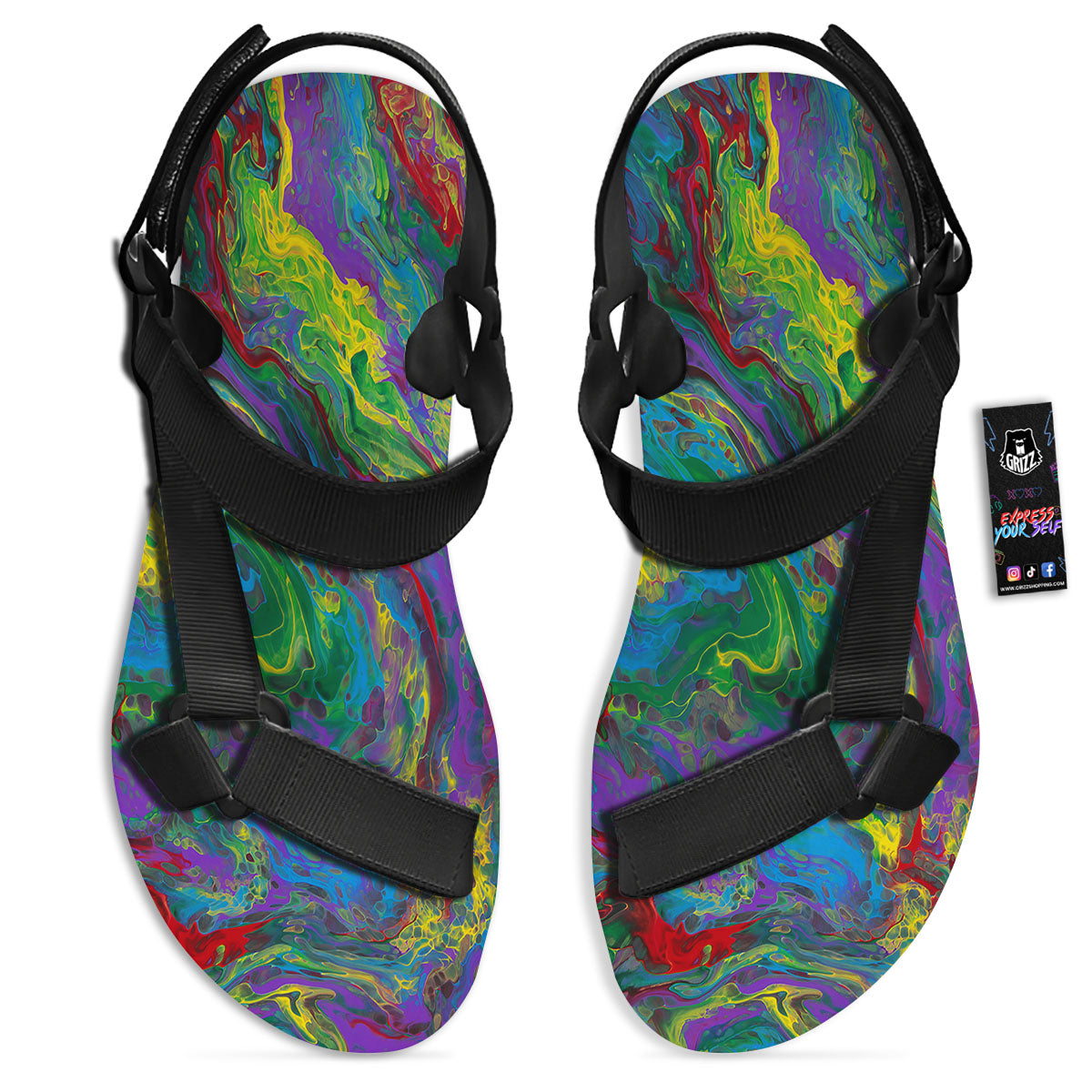 Psychedelic Abstract Print Black Open Toe Sandals-grizzshop