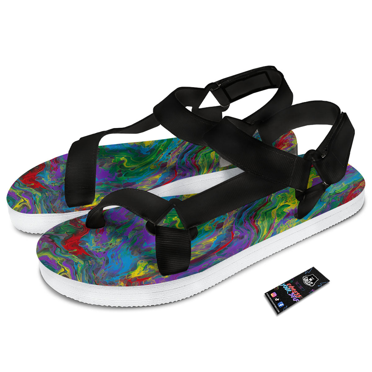 Psychedelic Abstract Print Black Open Toe Sandals-grizzshop