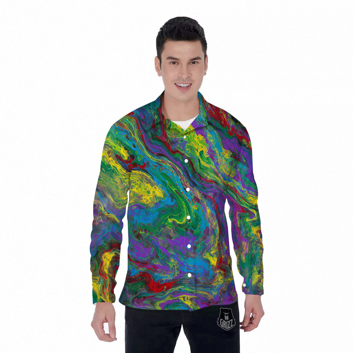 Psychedelic Abstract Print Men's Long Sleeve Shirts-grizzshop
