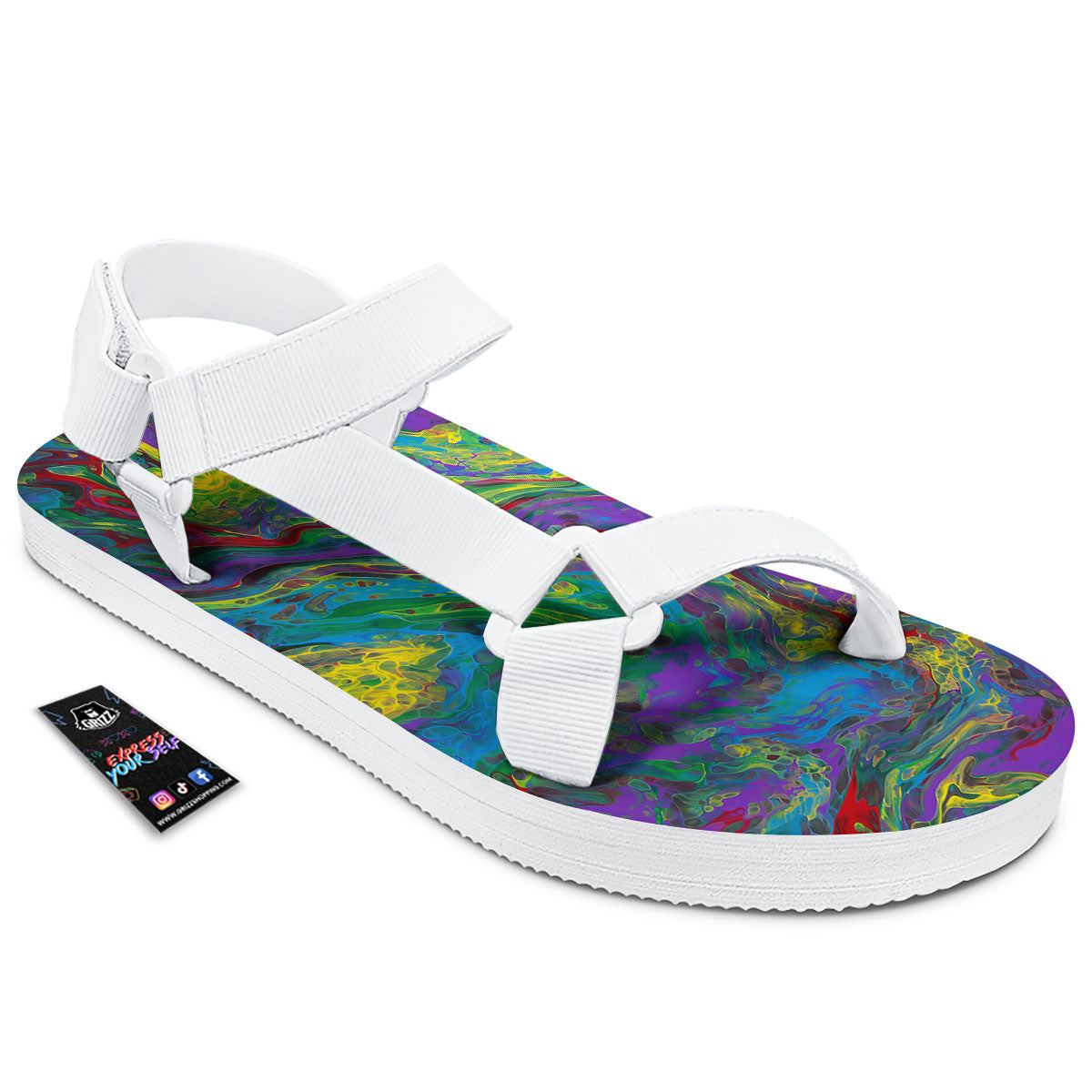 Psychedelic Abstract Print White Open Toe Sandals-grizzshop