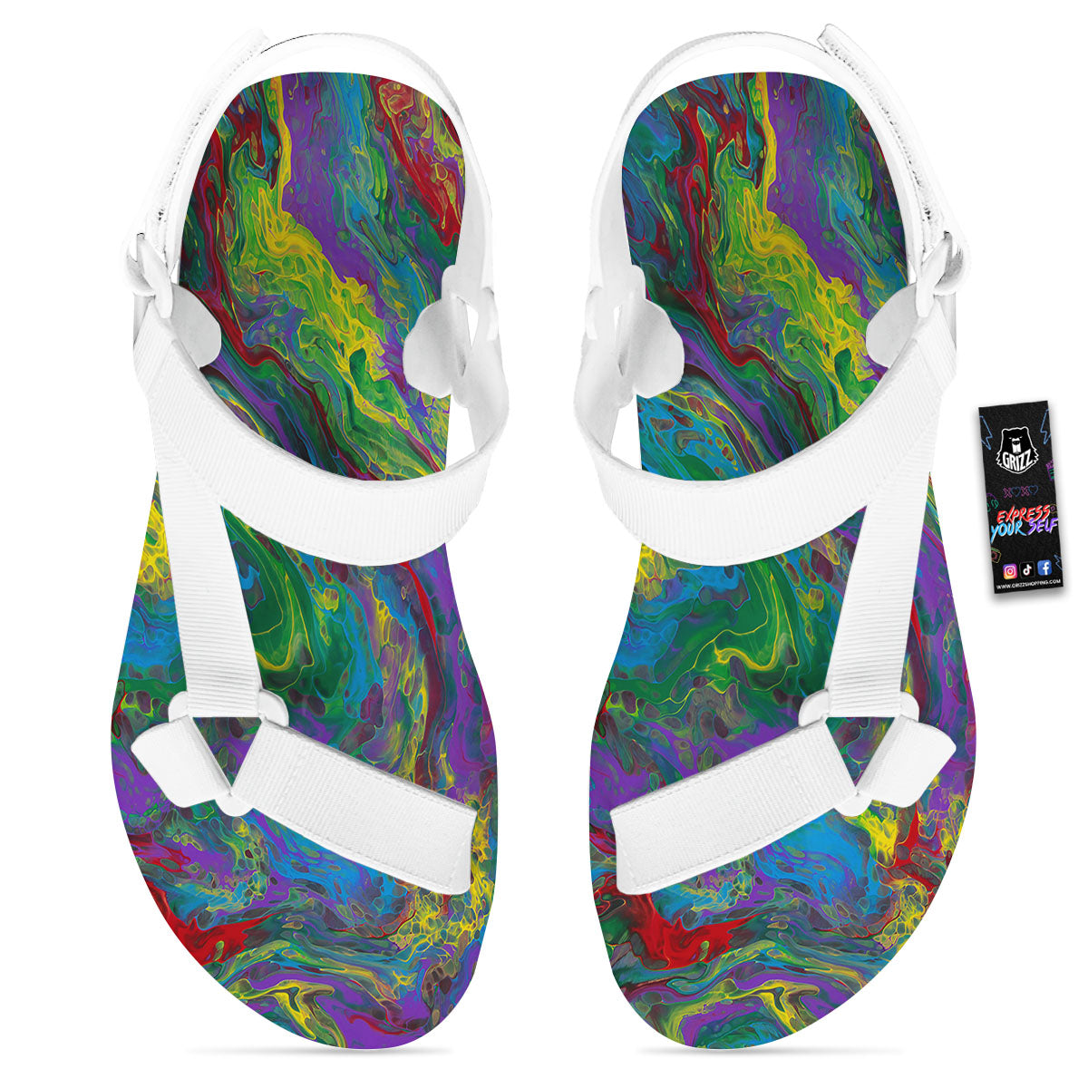 Psychedelic Abstract Print White Open Toe Sandals-grizzshop