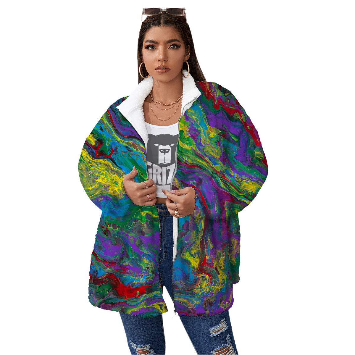 Psychedelic Abstract Print Women's Sherpa Jacket-grizzshop