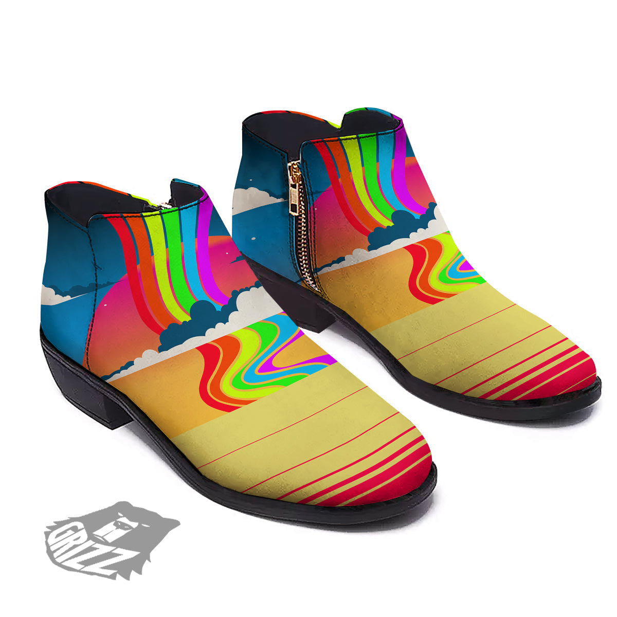 Psychedelic And Gradient Sky Rainbow Print Ankle Boots-grizzshop