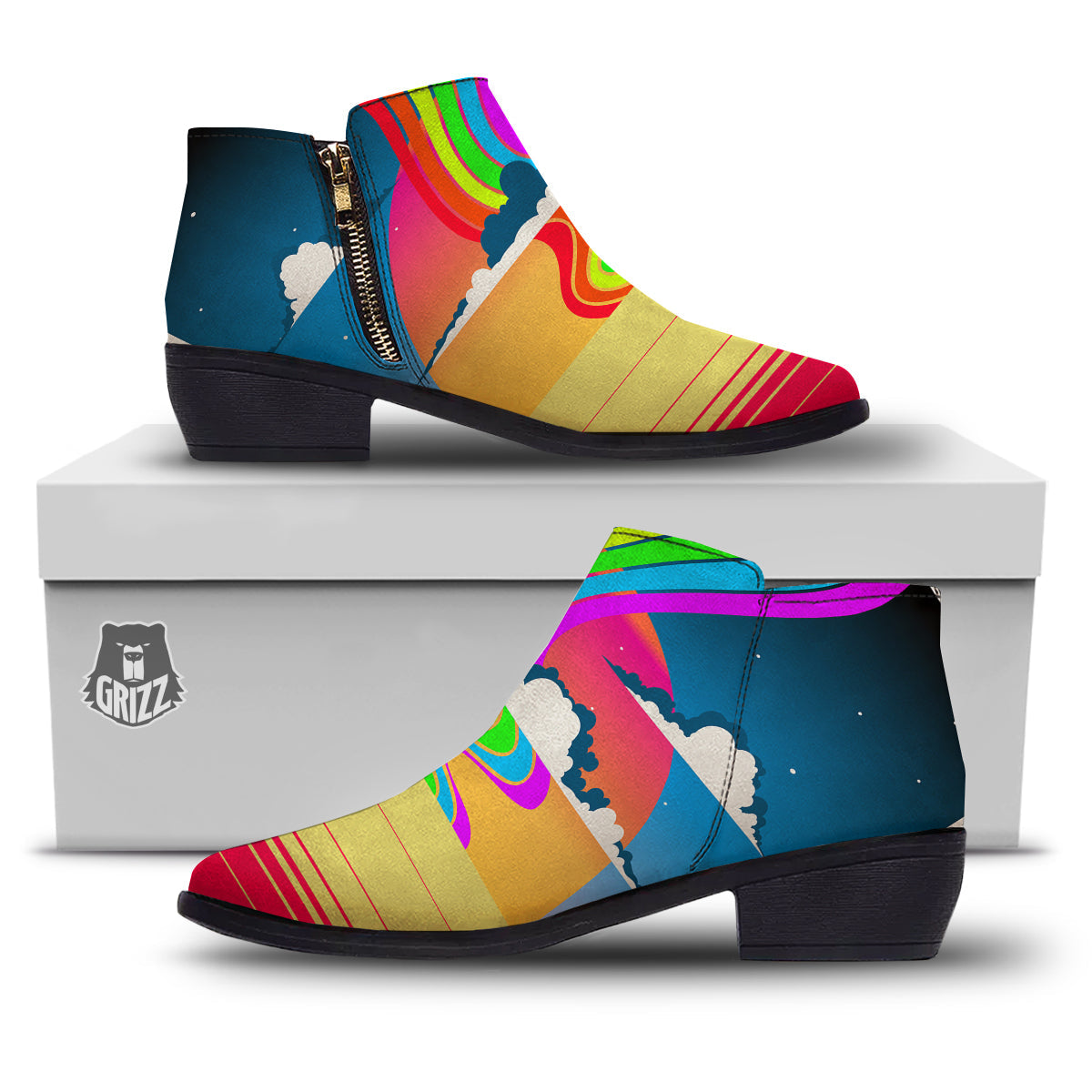 Psychedelic And Gradient Sky Rainbow Print Ankle Boots-grizzshop