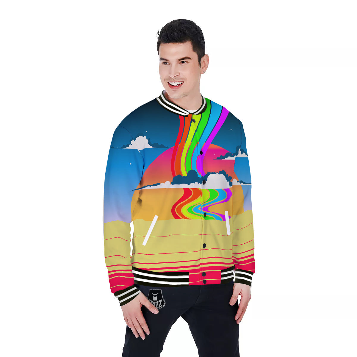 Psychedelic And Gradient Sky Rainbow Print Baseball Jacket-grizzshop