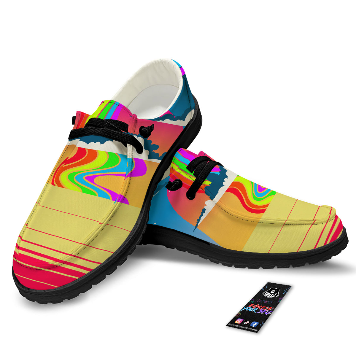 Psychedelic And Gradient Sky Rainbow Print Black Loafers-grizzshop