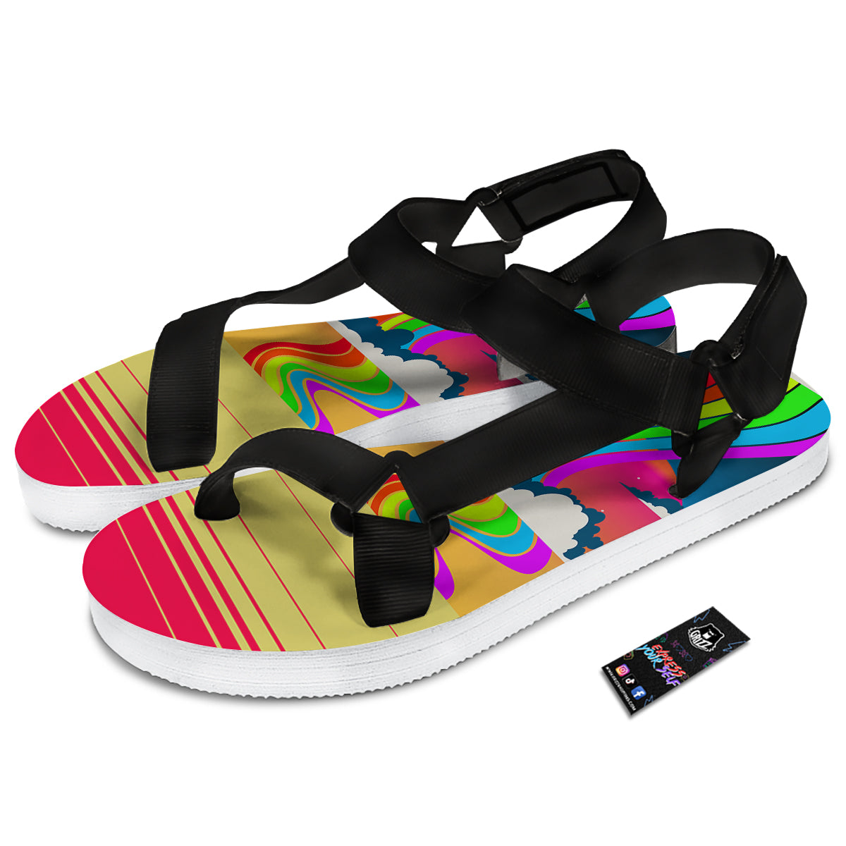 Psychedelic And Gradient Sky Rainbow Print Black Open Toe Sandals-grizzshop