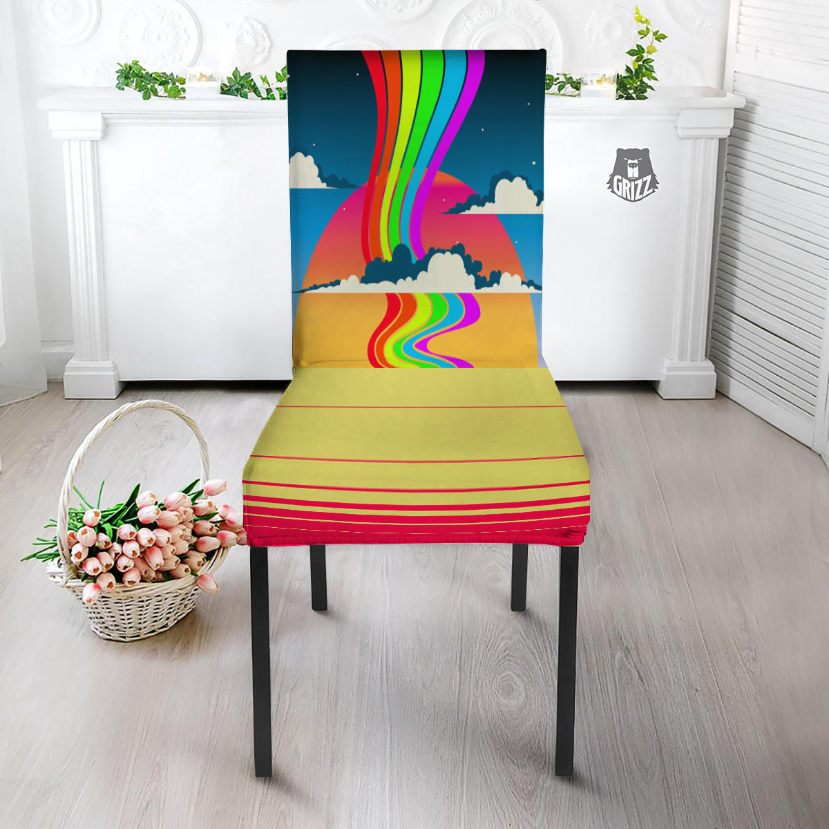 Psychedelic And Gradient Sky Rainbow Print Dining Chair Slipcover-grizzshop