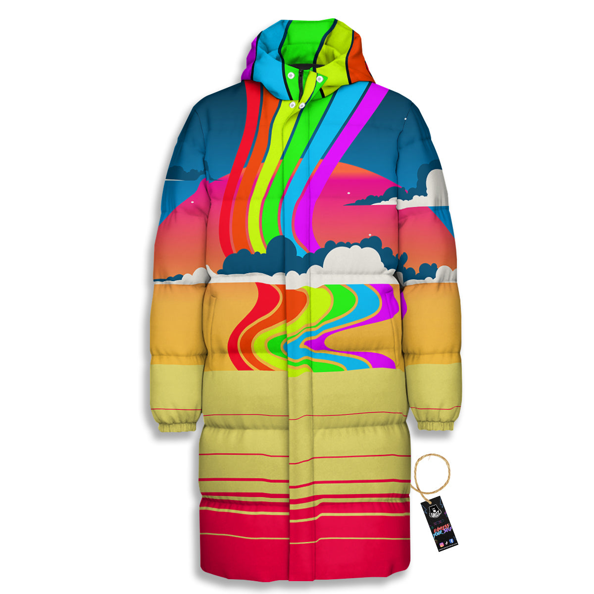 Psychedelic And Gradient Sky Rainbow Print Long Down Jacket-grizzshop