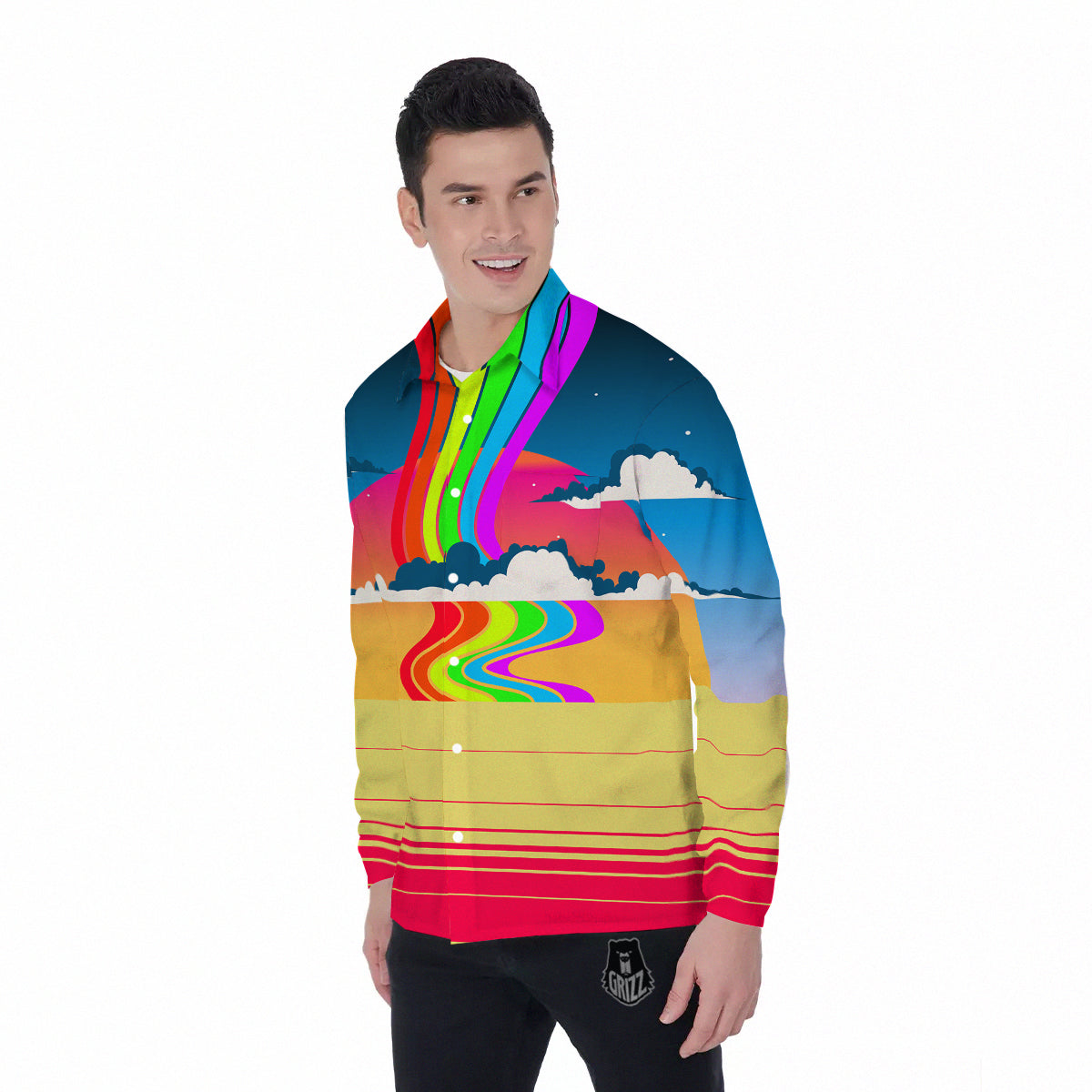 Psychedelic And Gradient Sky Rainbow Print Men's Long Sleeve Shirts-grizzshop