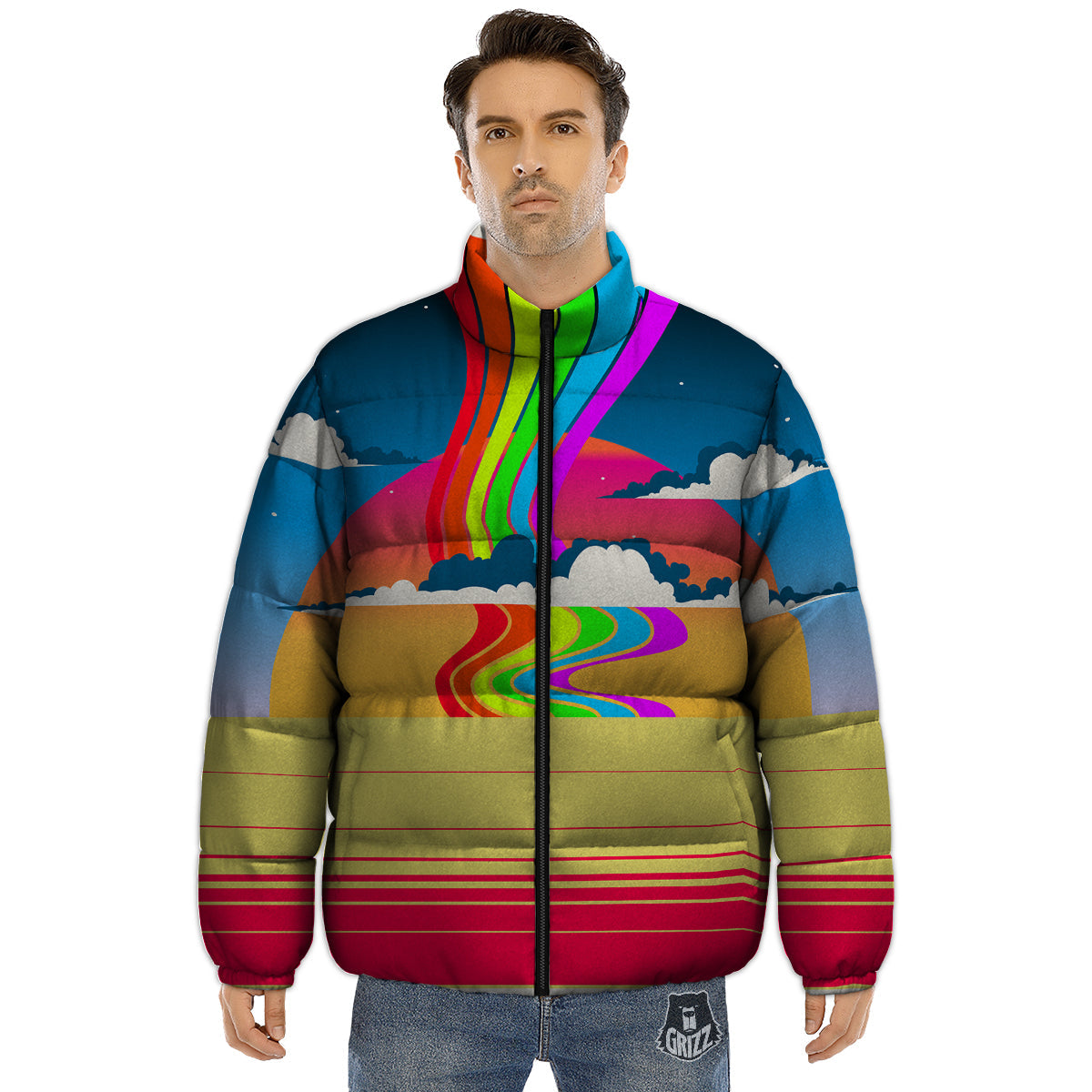 Psychedelic And Gradient Sky Rainbow Print Puffer Jacket-grizzshop
