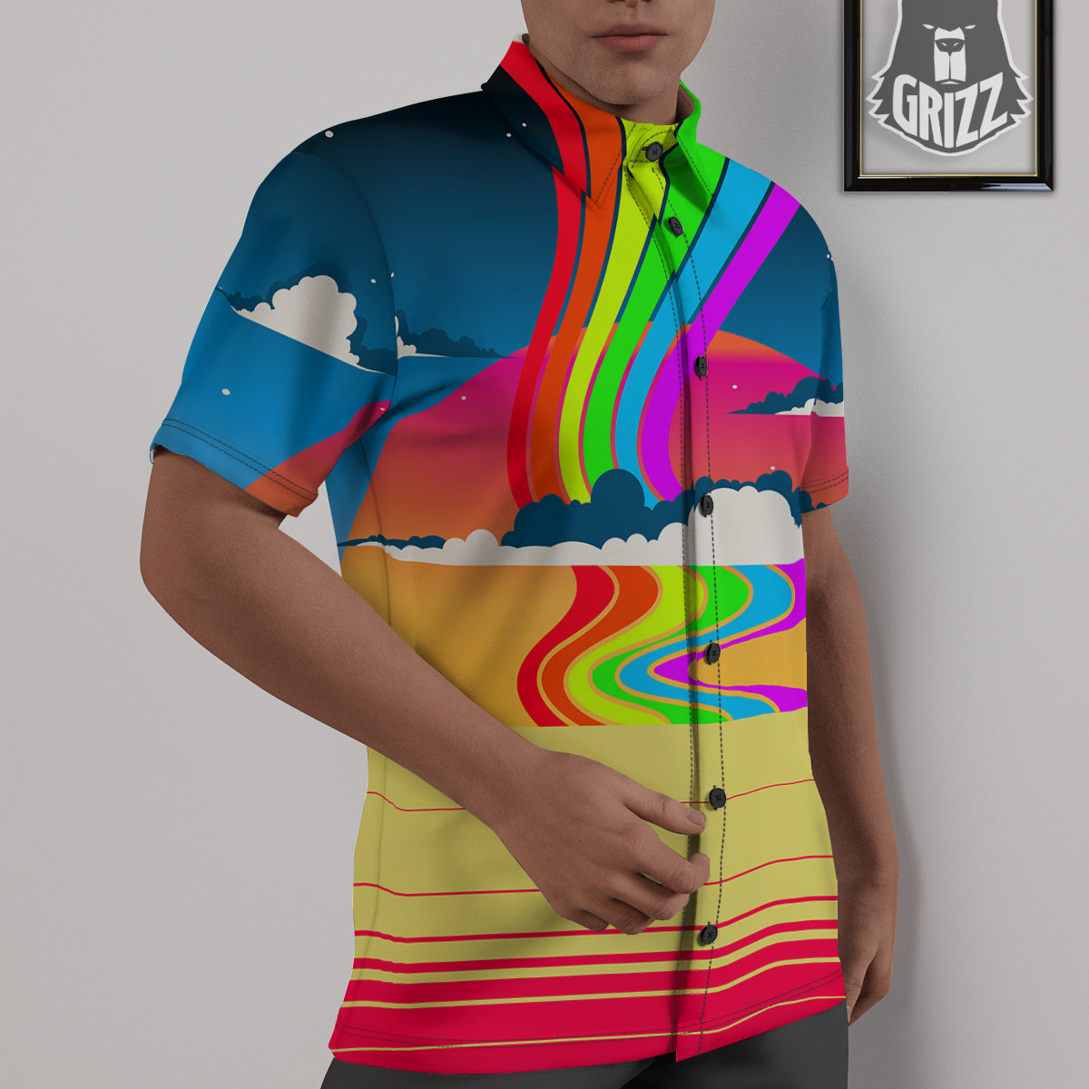 Psychedelic And Gradient Sky Rainbow Print Untucked Shirts-grizzshop