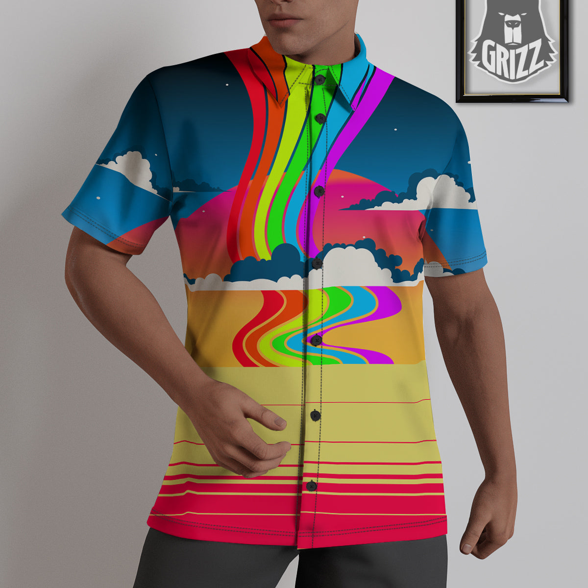 Psychedelic And Gradient Sky Rainbow Print Untucked Shirts-grizzshop