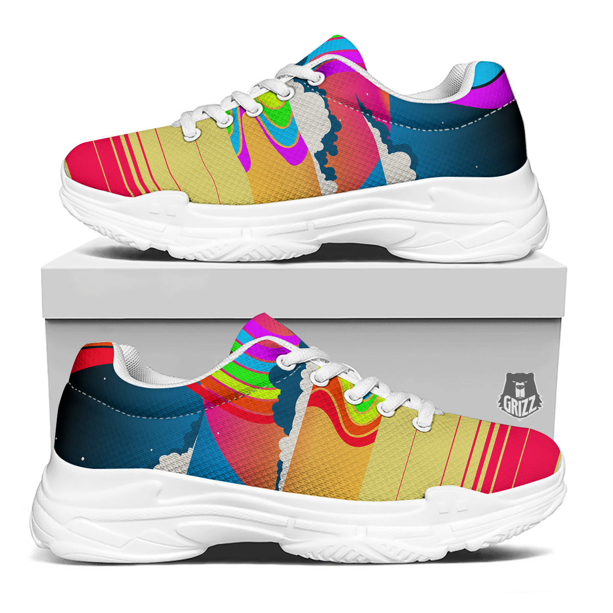 Psychedelic And Gradient Sky Rainbow Print White Chunky Shoes-grizzshop