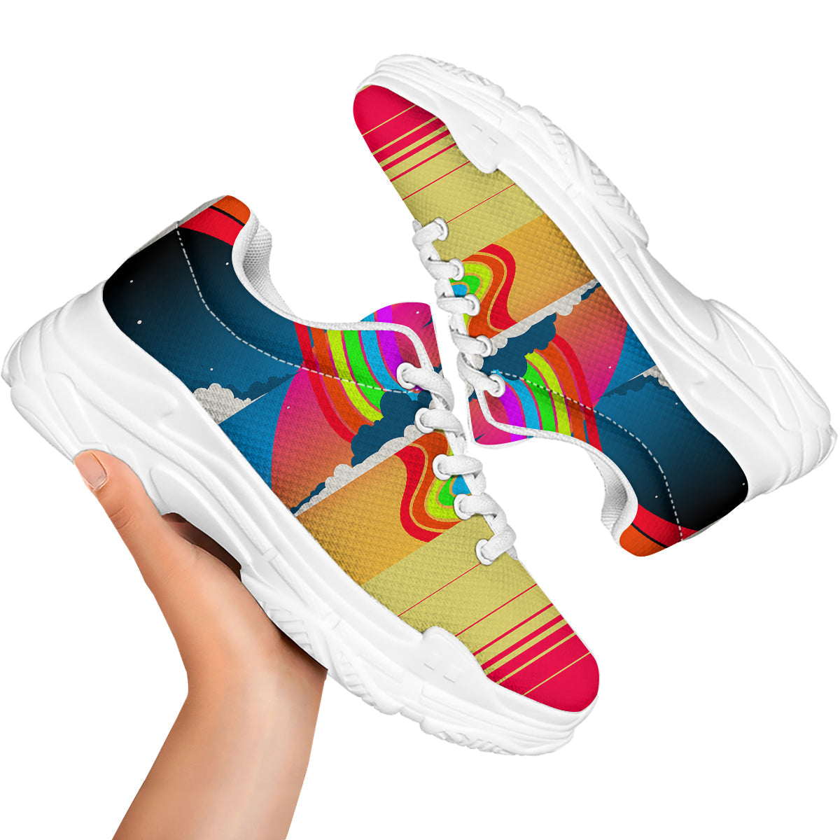 Psychedelic And Gradient Sky Rainbow Print White Chunky Shoes-grizzshop