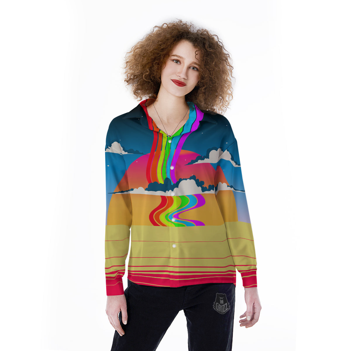 Psychedelic And Gradient Sky Rainbow Print Women's Long Sleeve Shirts-grizzshop