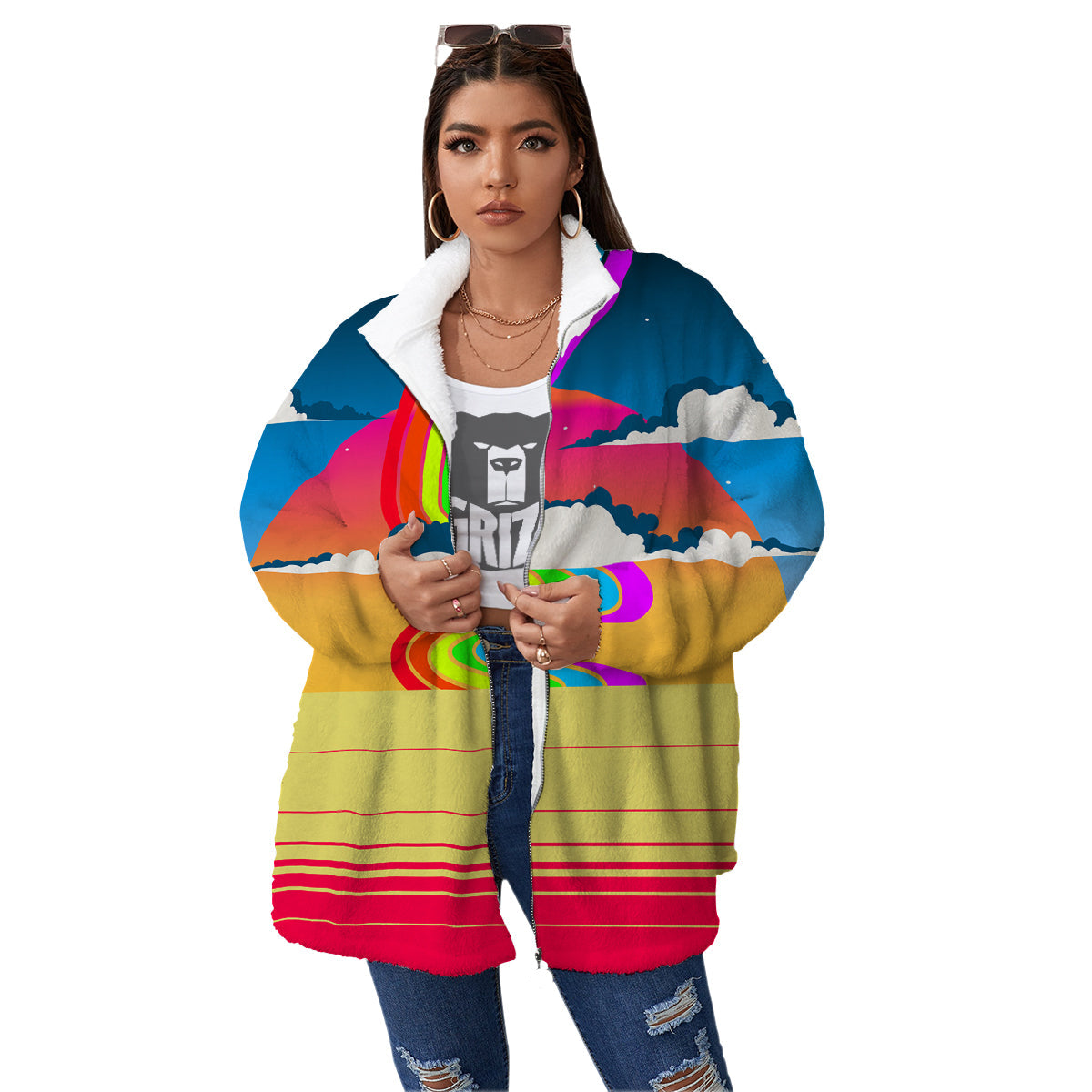 Psychedelic And Gradient Sky Rainbow Print Women's Sherpa Jacket-grizzshop