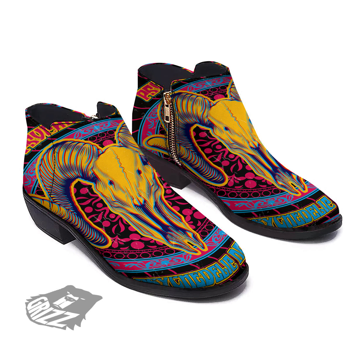Psychedelic And Ram Skull Print Ankle Boots-grizzshop