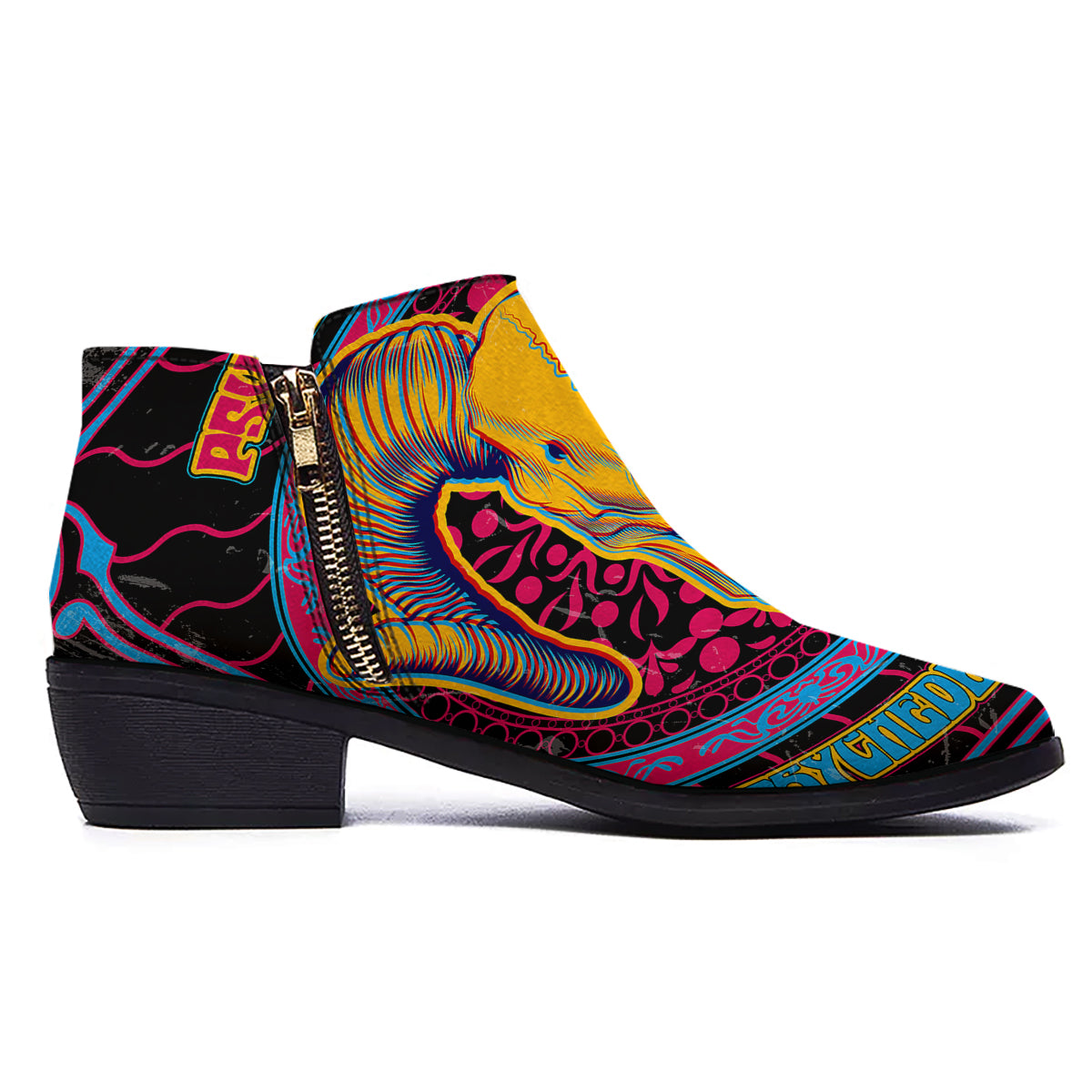 Psychedelic And Ram Skull Print Ankle Boots-grizzshop
