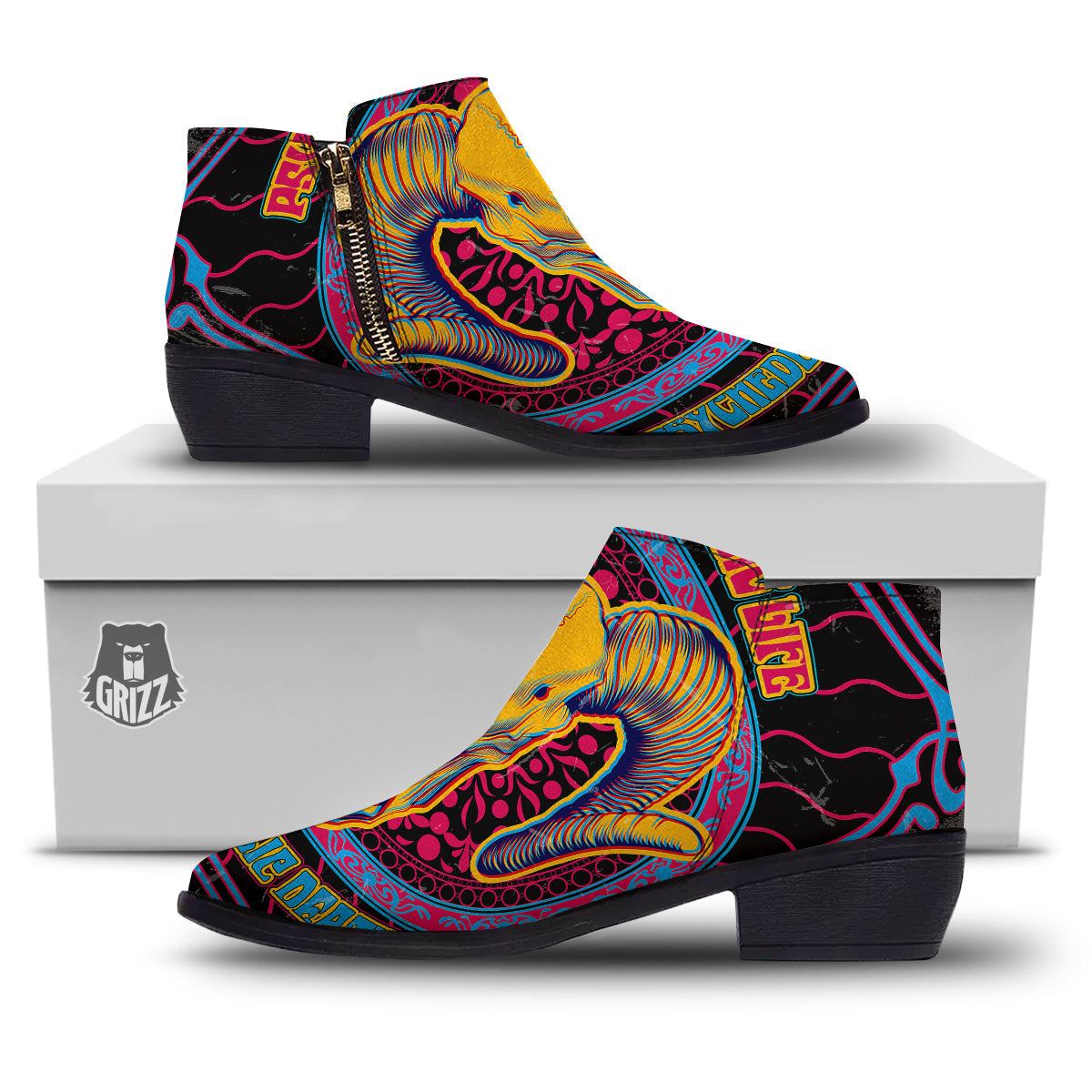 Psychedelic And Ram Skull Print Ankle Boots-grizzshop