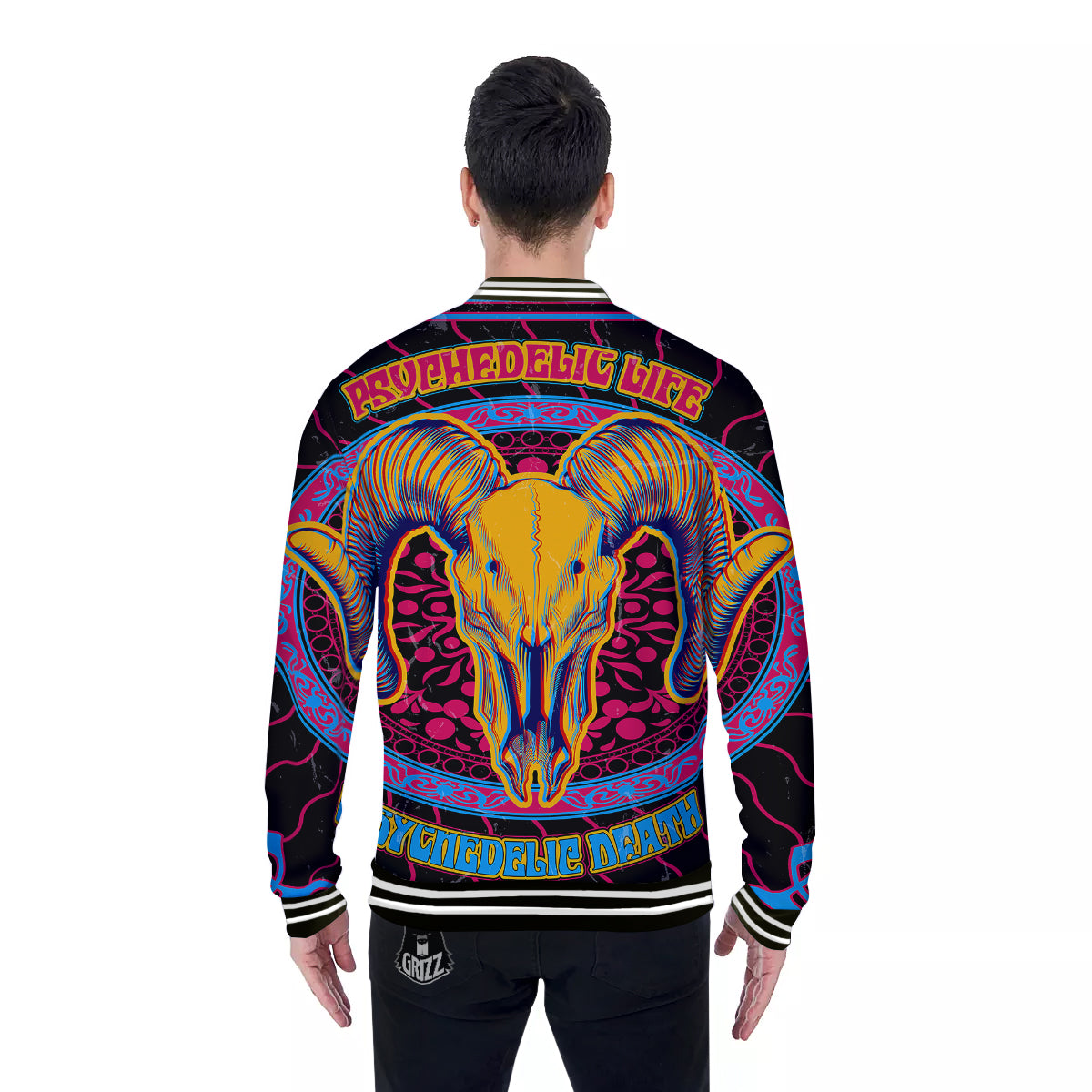Psychedelic And Ram Skull Print Baseball Jacket-grizzshop