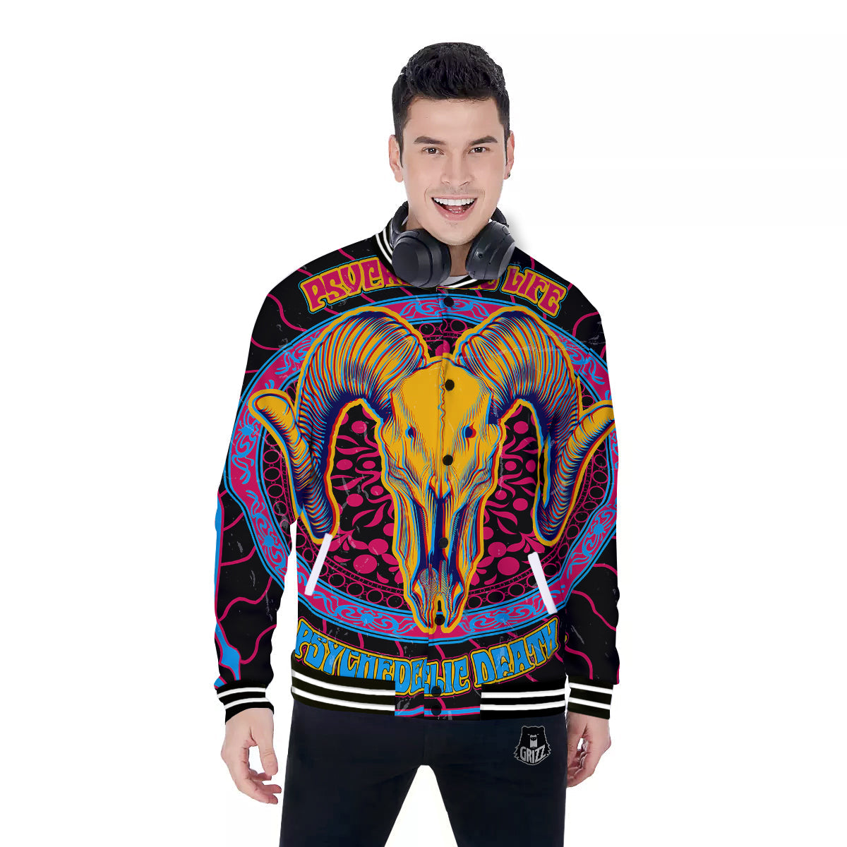 Psychedelic And Ram Skull Print Baseball Jacket-grizzshop