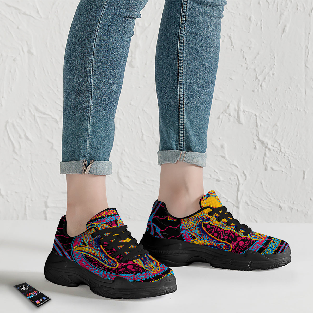 Psychedelic And Ram Skull Print Black Chunky Shoes-grizzshop
