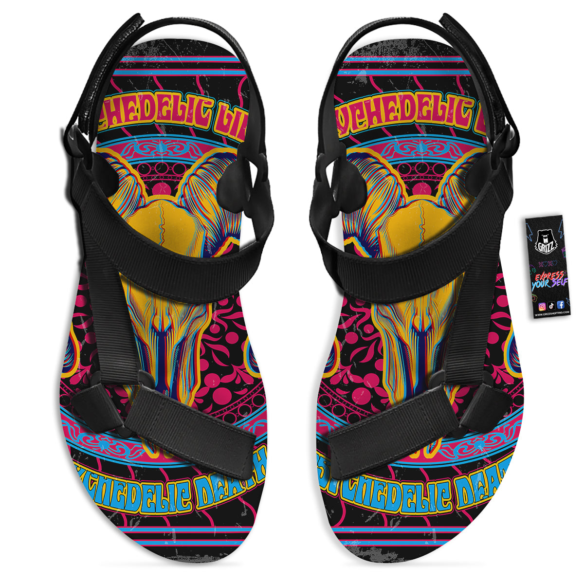 Psychedelic And Ram Skull Print Black Open Toe Sandals-grizzshop