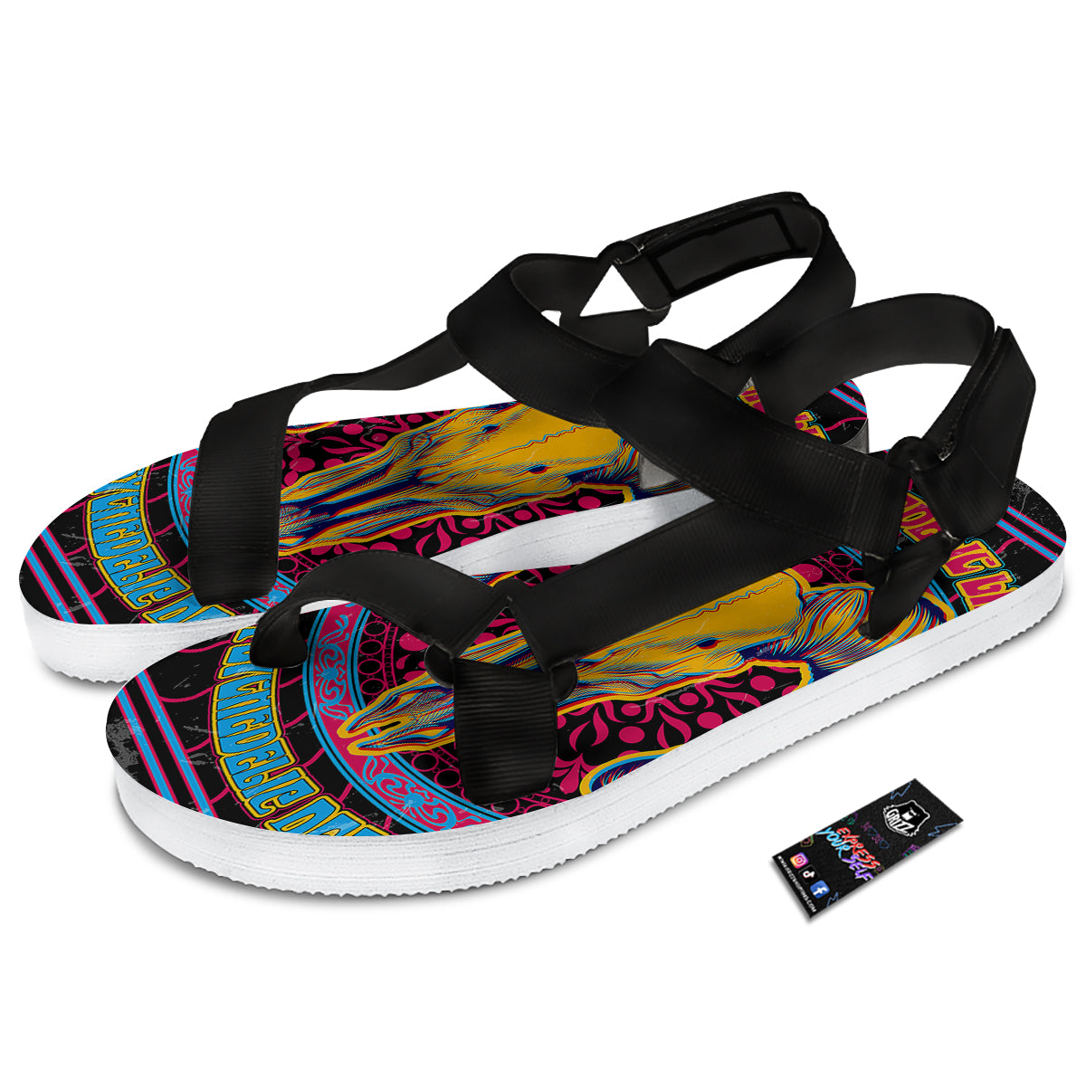 Psychedelic And Ram Skull Print Black Open Toe Sandals-grizzshop