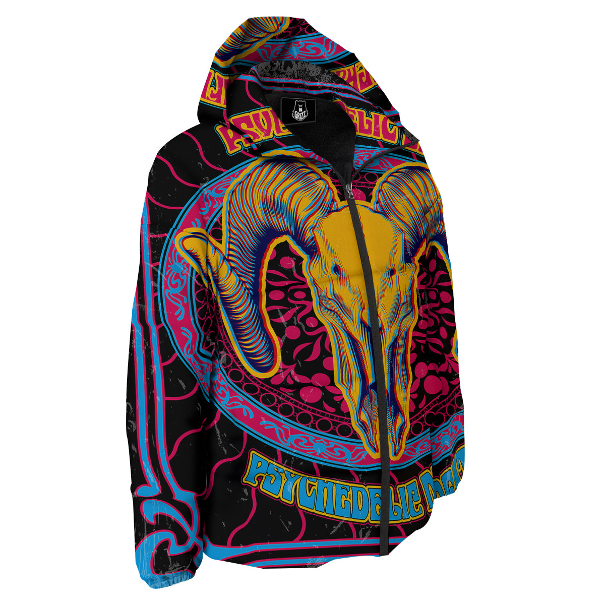 Psychedelic And Ram Skull Print Down Jacket-grizzshop