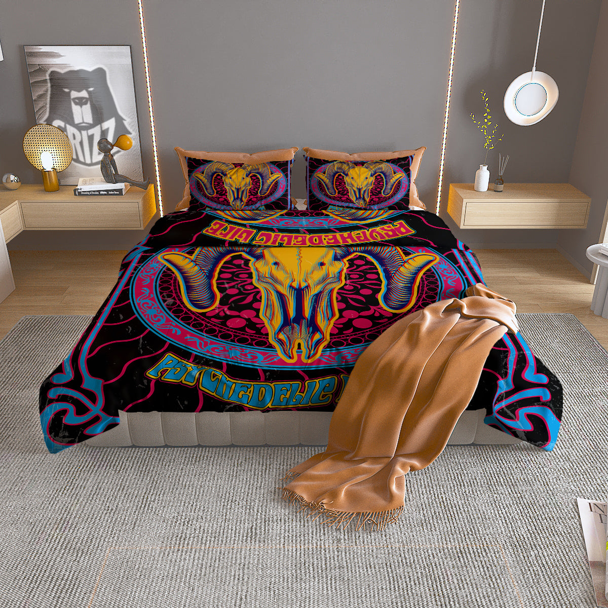 Psychedelic And Ram Skull Print Duvet Cover Bedding Set